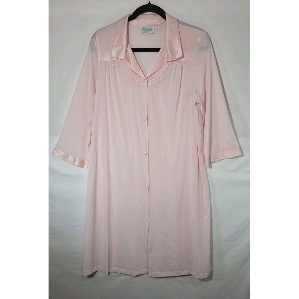 Vintage 70s Vanity Fair Dressing Gown Robe Small Pocket Collar Floral Nylon Pink